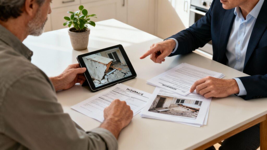 Insurance professionals reviewing property damage documentation and appraisal estimates